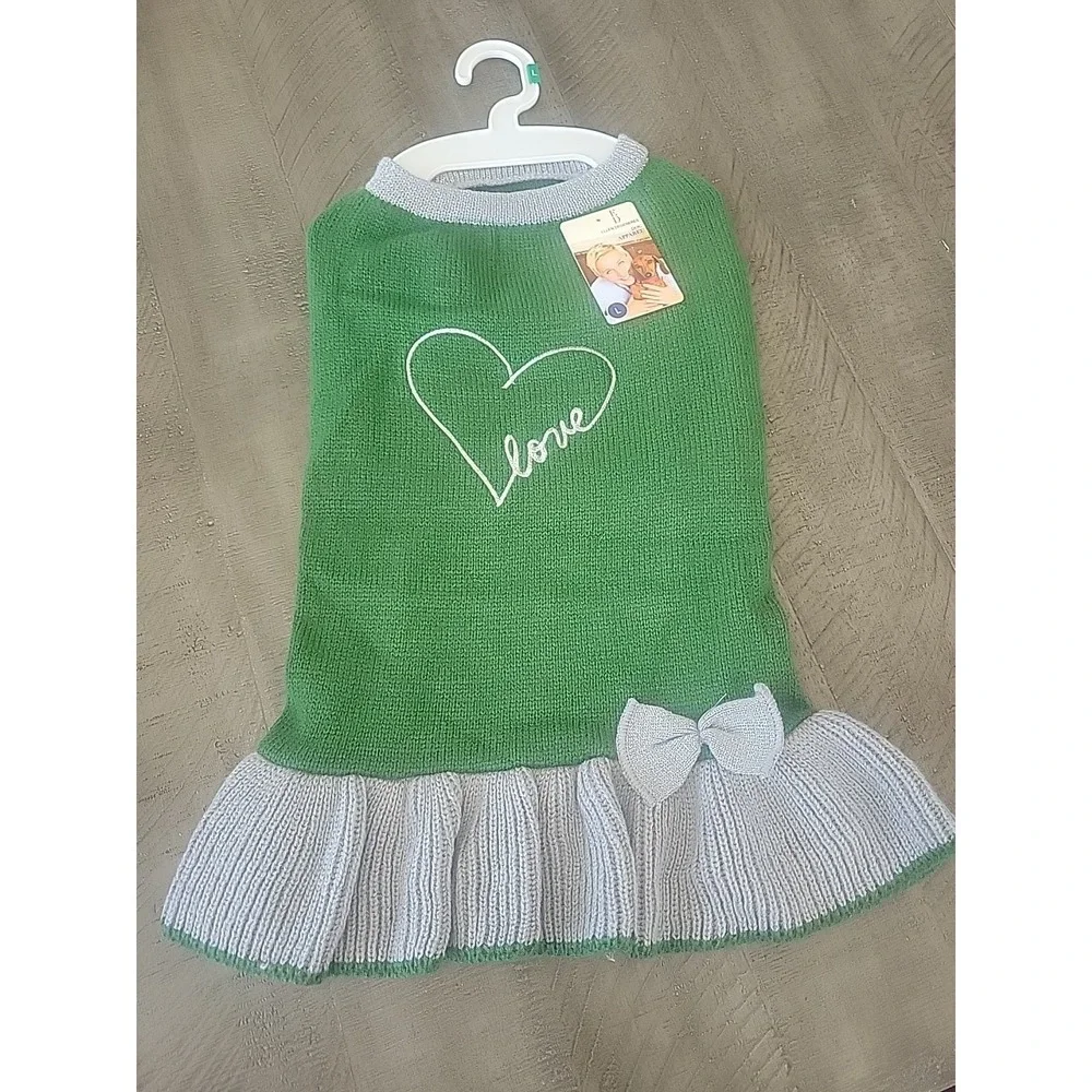 ELLEN DEGENERES KNIT DOG SWEATER DRESS Green Embroidered Heart Love SZ XL NWT